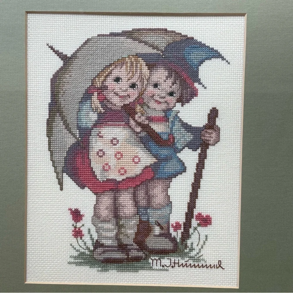 M.I. Hummel Cross Stitch Needle Point Framed Art Rare Vintage Wall Hanging Decor